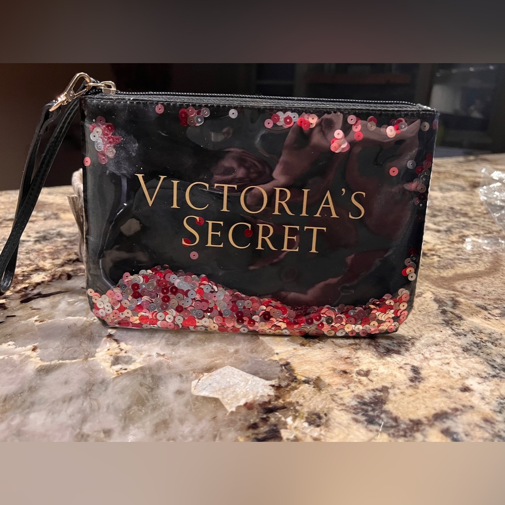 Victoria's Secret Floating Sequins Wristlet Clutch Cosmetic Bag 8.5 X 6 In